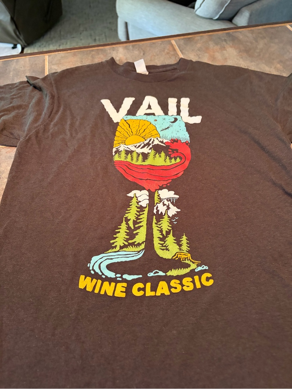 Tultex Black VAIL Wine Classic Graphic Tee with Red, Yellow, Blue, Green Accents